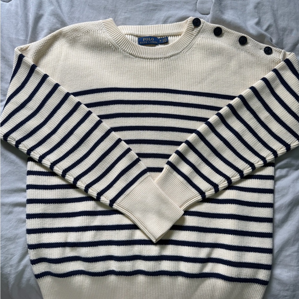 Polo by Ralph Lauren Women’s Navy and Cream Striped Crewneck Sweater